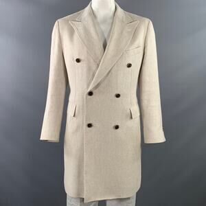 SUIT SUPPLY Size 46 Beige Stone Woven Linen Double Breasted Peak Lapel Coat